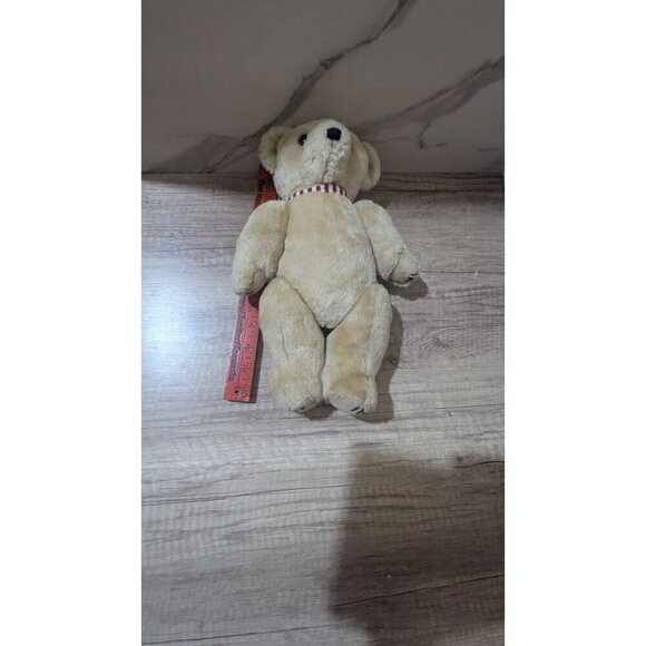 Vintage Beige Teddy Bear W/ Red & White Striped Collar Plush Toy Collectible 12" - Picture 7 of 7